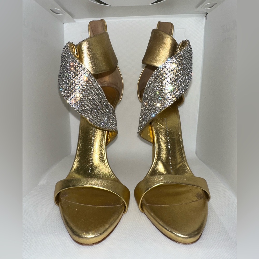 Giuseppe Zanotti Gold Leather Crystal Evening Heels Size 37 - Picture 5 of 10